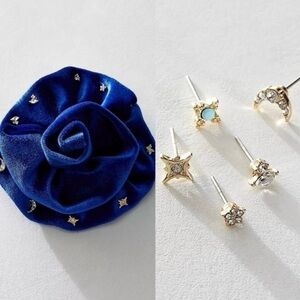 NWT Free People Elegant Velvet Floral Brooch with Gold Tone Stud Earrings💙